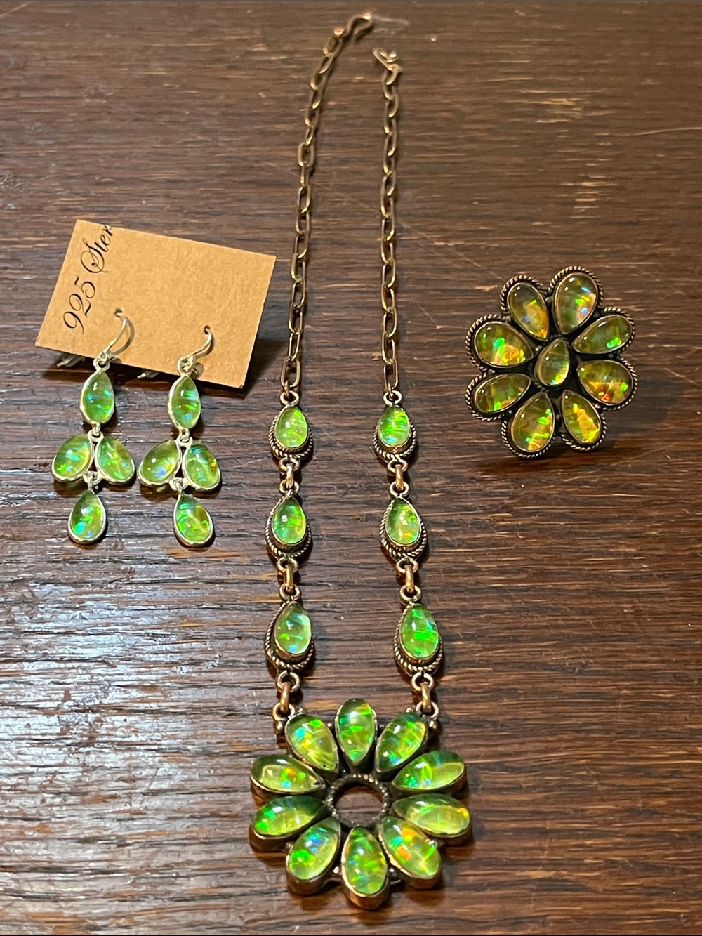 Sterling Silver Green Opal Flower Necklace, Earrings & Ring Set